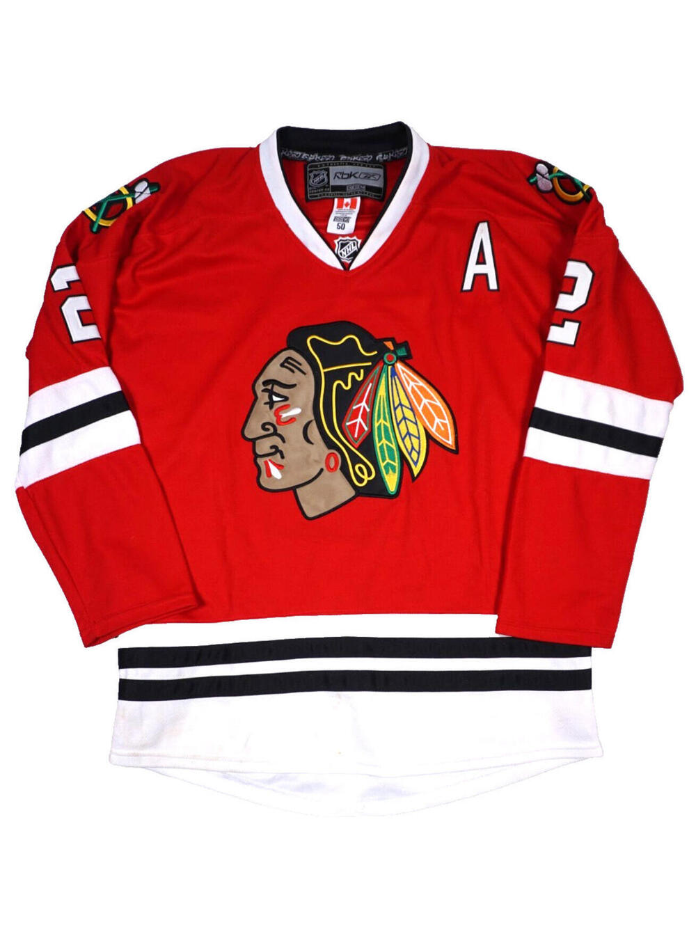 CCM Reebok Chicago Blackhawks Jersey Size 50 Large Duncan Keith Red Fight Strap